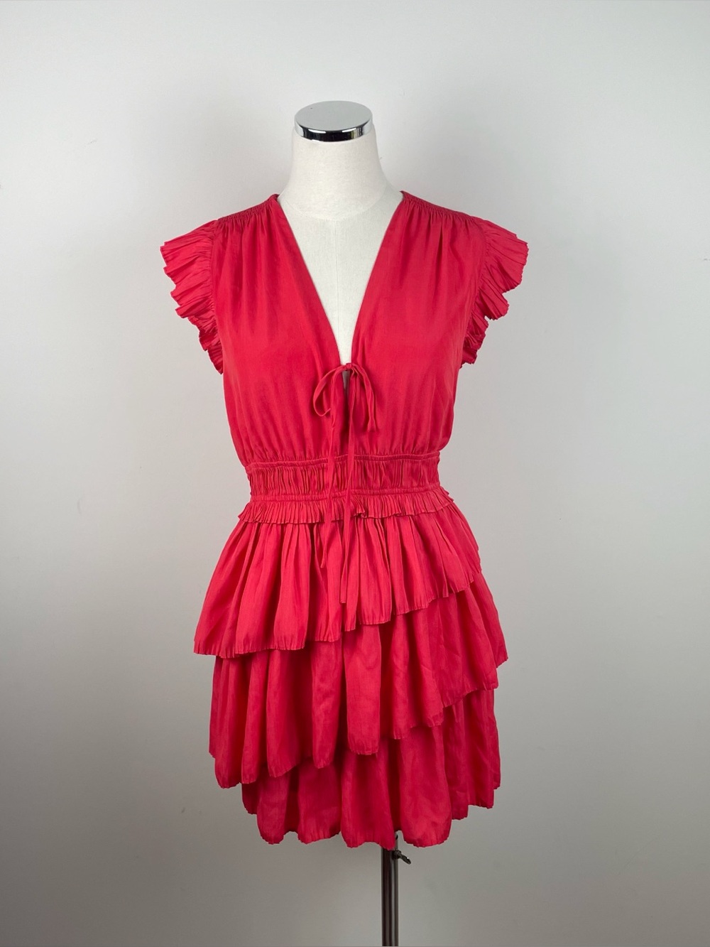 Lucy Paris Solid Coral Red Ruffle V Neck Dress Women Medium